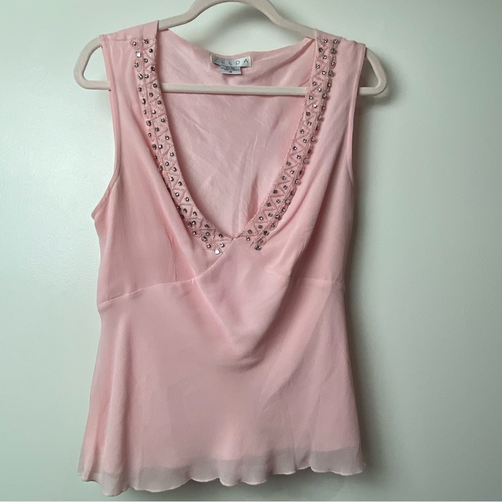 Zelda Women's Sz 12 pink deep V neck with beaded neckline preowned